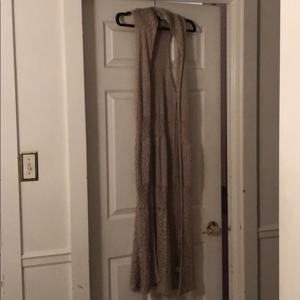 Tan full-length duster cardigan